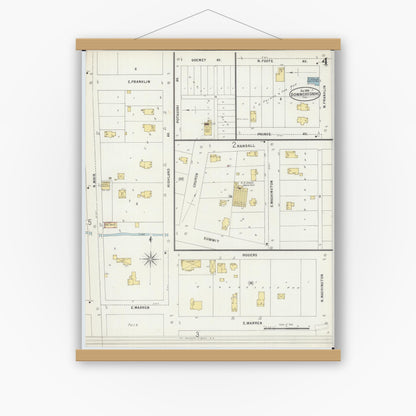 Old map wall art mockup — magnetic wood frame on white wall — Sanborn Fire Insurance Map from Downers Grove, Dupage County, Illinois (1898), Sheet #0004
