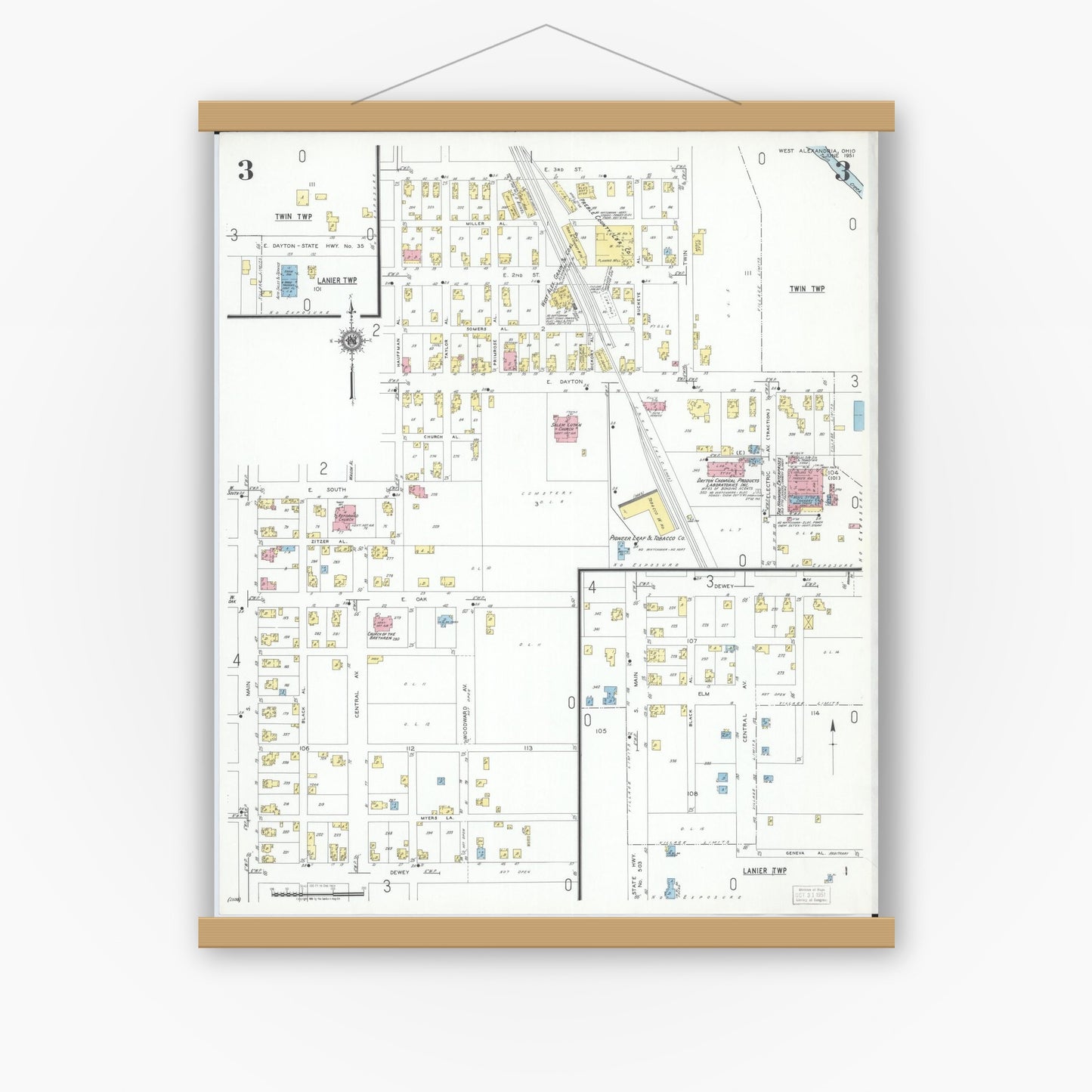 Old map wall art mockup — magnetic wood frame on white wall — Sanborn Fire Insurance Map from West Alexandria, Preble County, Ohio (1951), Sheet #0003
