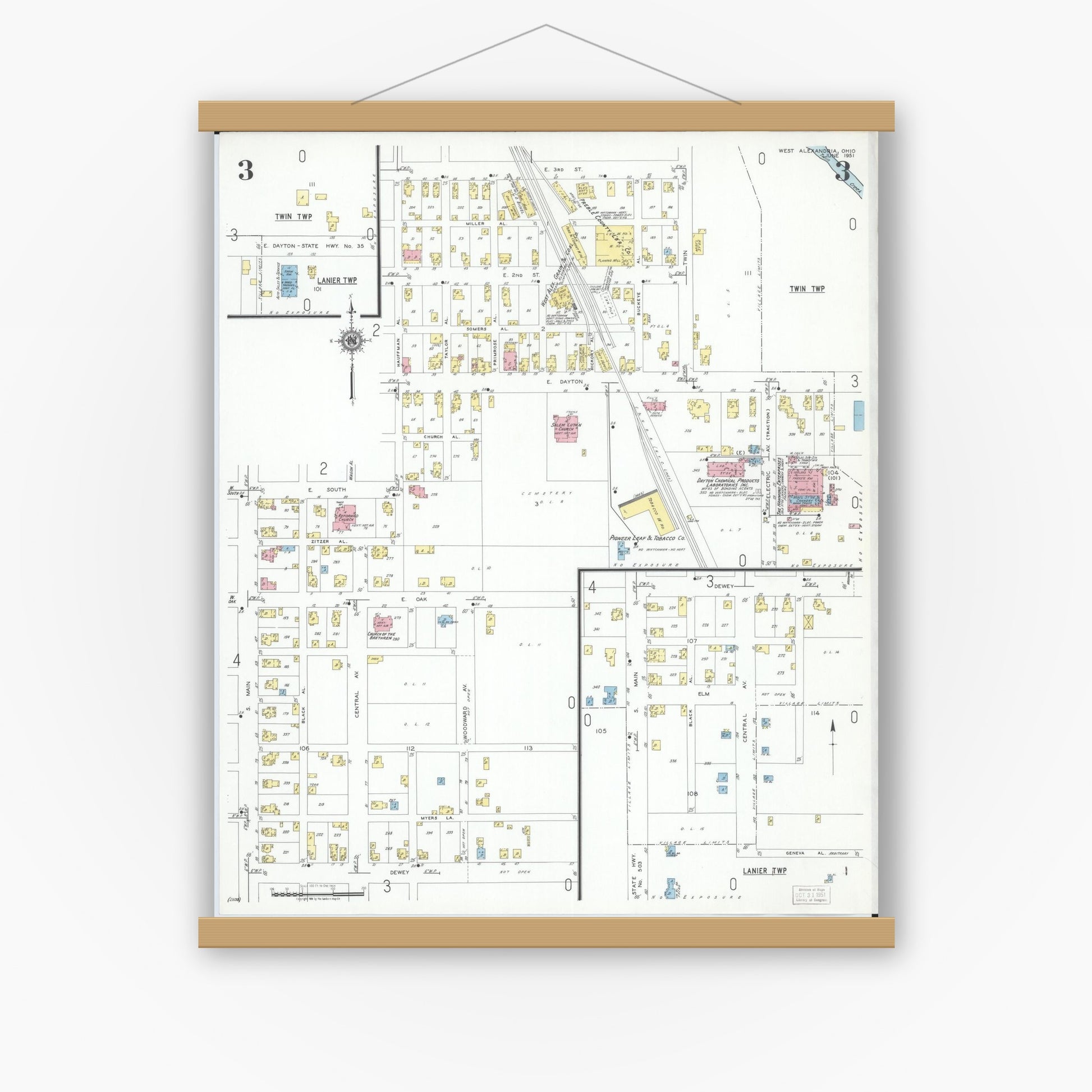 Old map wall art mockup — magnetic wood frame on white wall — Sanborn Fire Insurance Map from West Alexandria, Preble County, Ohio (1951), Sheet #0003