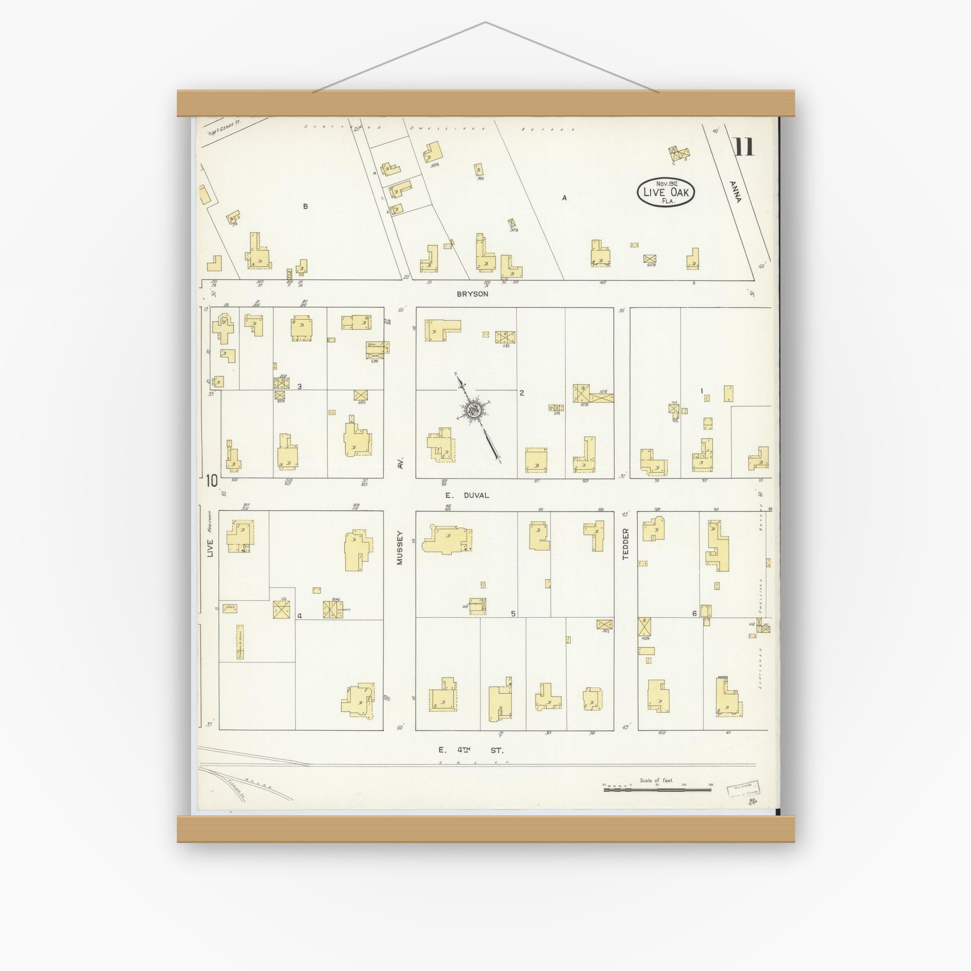 Old map wall art mockup — magnetic wood frame on white wall — Sanborn Fire Insurance Map from Live Oak, Suwanee County, Florida (1912), Sheet #0011