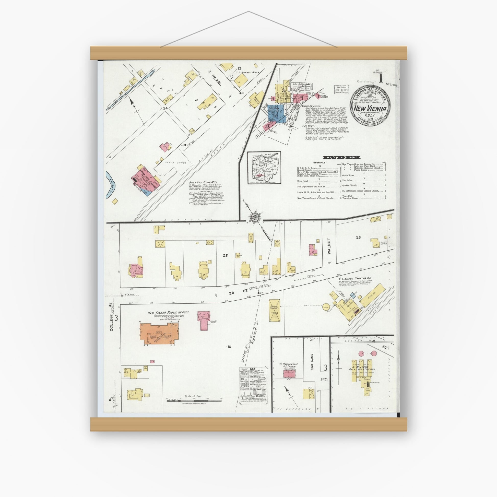 Old map wall art mockup — magnetic wood frame on white wall — Sanborn Fire Insurance Map from New Vienna, Clinton County, Ohio (1919), Sheet #0001