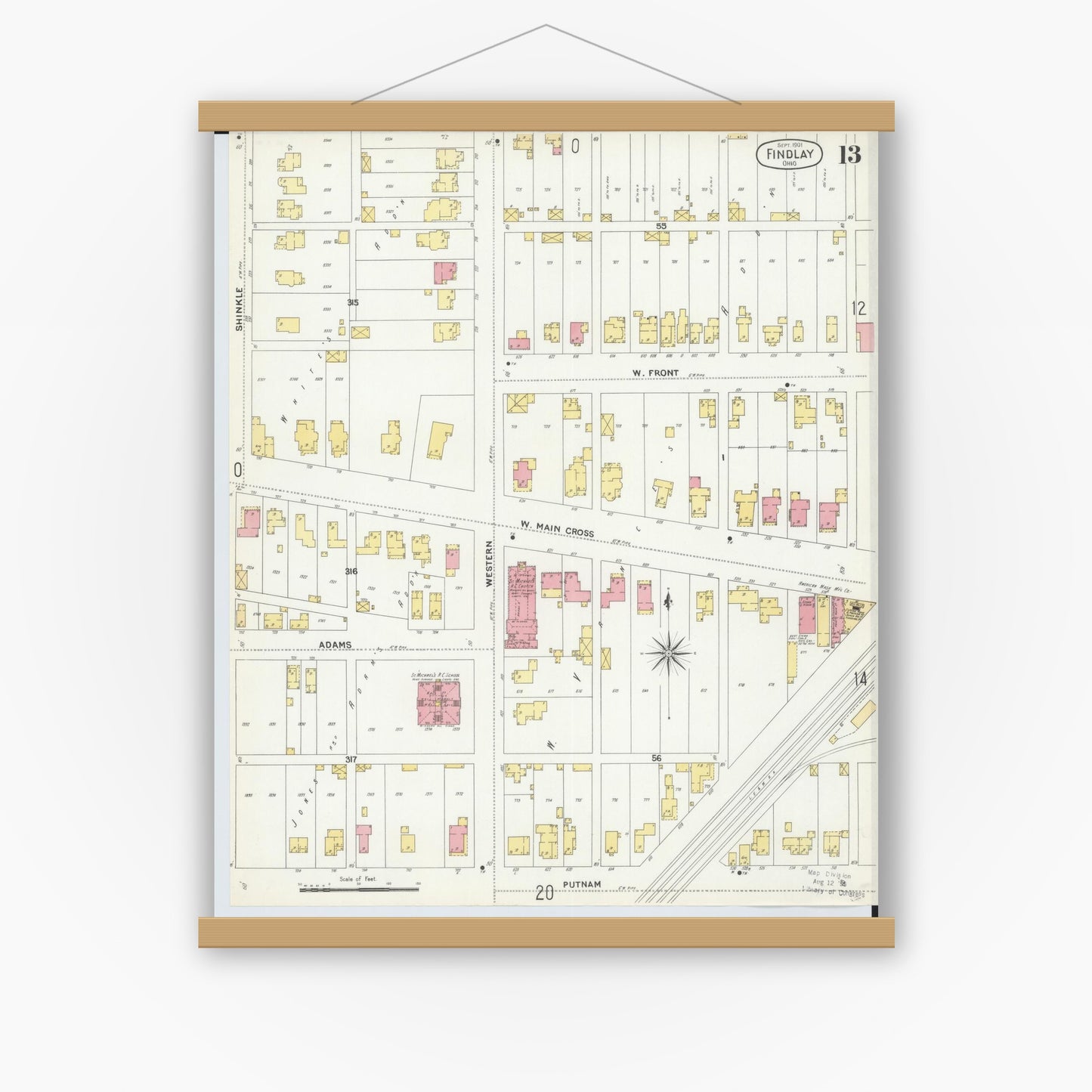 Old map wall art mockup — magnetic wood frame on white wall — Sanborn Fire Insurance Map from Findlay, Hancock County, Ohio (1901), Sheet #0013