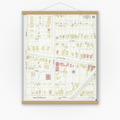 Old map wall art mockup — magnetic wood frame on white wall — Sanborn Fire Insurance Map from Findlay, Hancock County, Ohio (1901), Sheet #0013