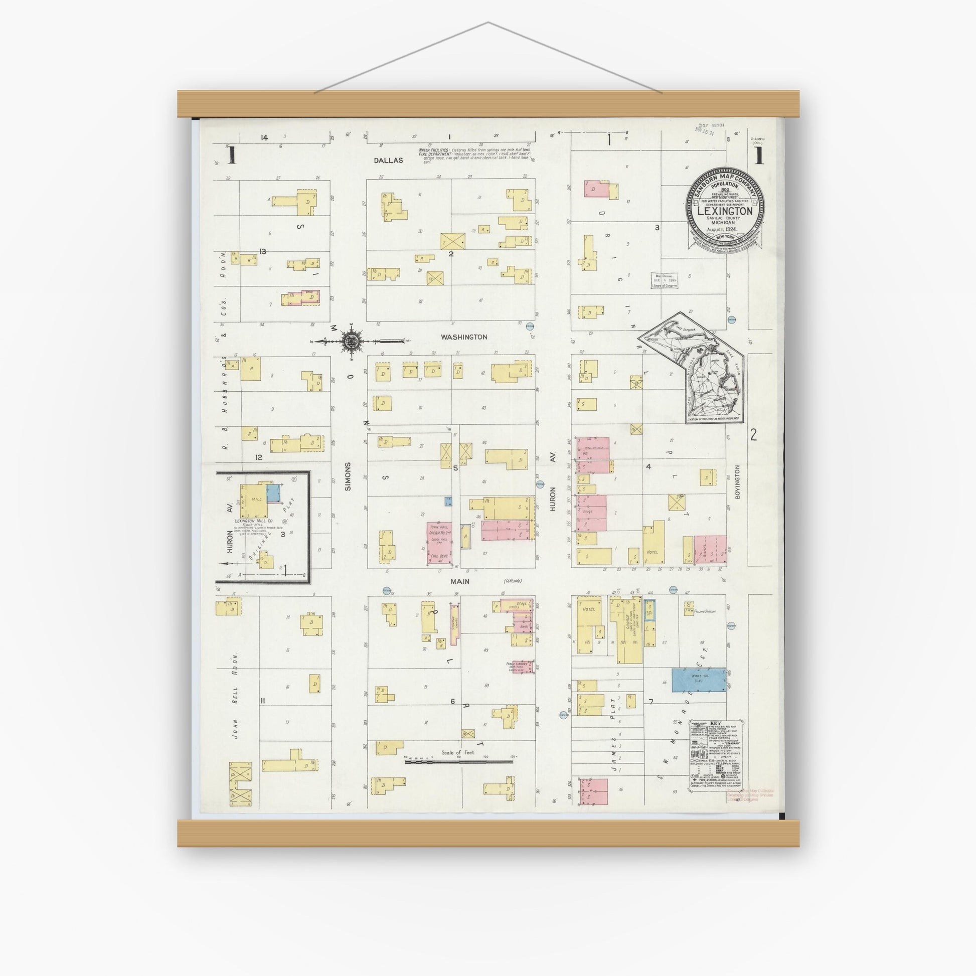 Old map wall art mockup — magnetic wood frame on white wall — Sanborn Fire Insurance Map from Lexington, Sanilac County, Michigan (1924) - Complete Map Set