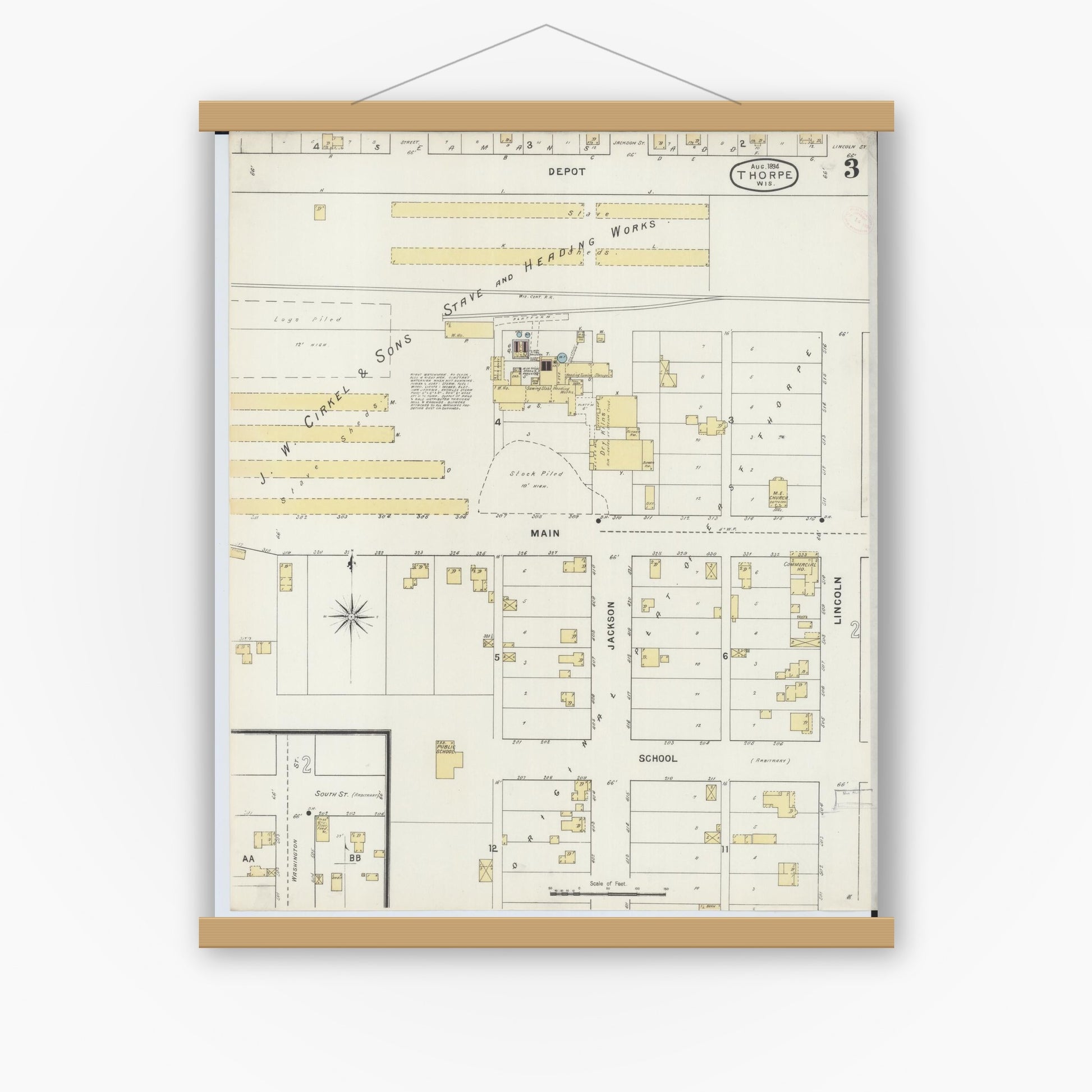 Old map wall art mockup — magnetic wood frame on white wall — Sanborn Fire Insurance Map from Thorpe, Clark County, Wisconsin (1894), Sheet #0003
