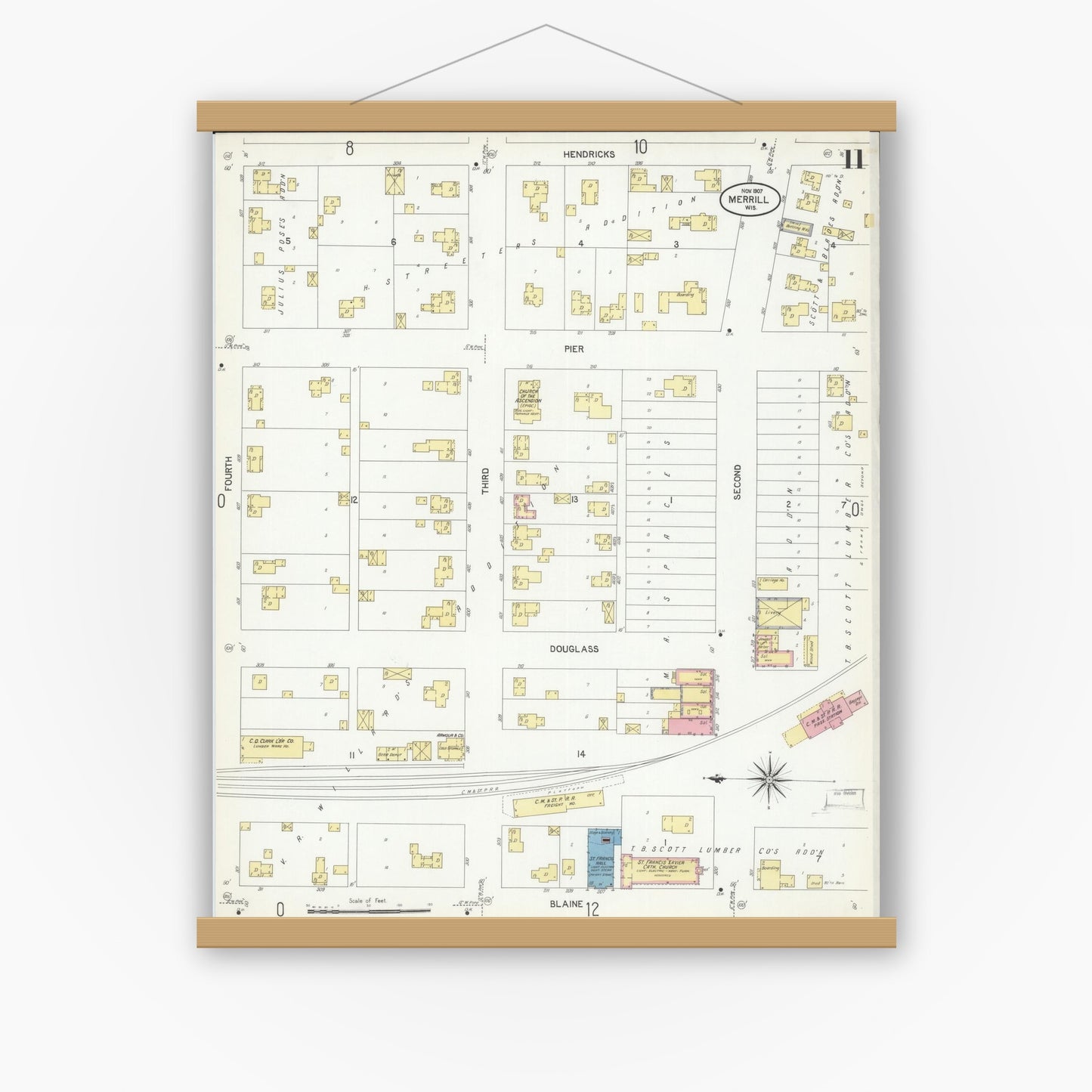 Old map wall art mockup — magnetic wood frame on white wall — Sanborn Fire Insurance Map from Merrill, Lincoln County, Wisconsin (1907), Sheet #0011