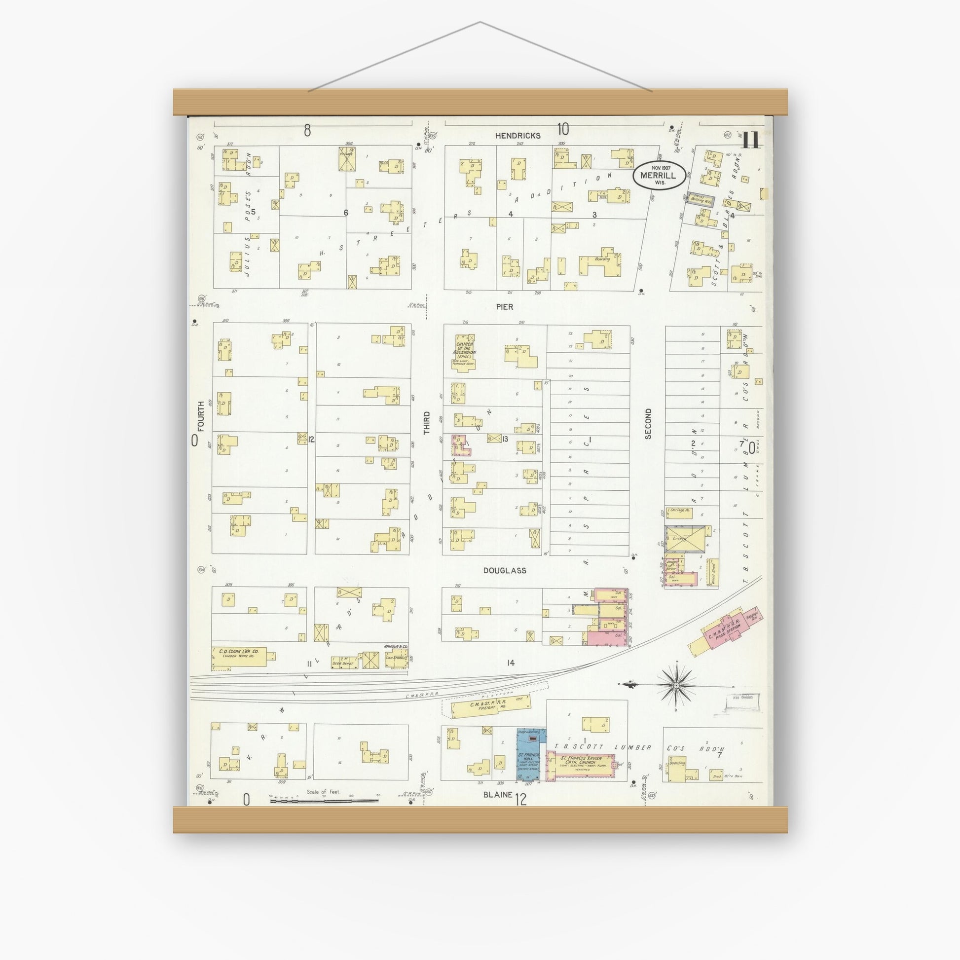 Old map wall art mockup — magnetic wood frame on white wall — Sanborn Fire Insurance Map from Merrill, Lincoln County, Wisconsin (1907), Sheet #0011
