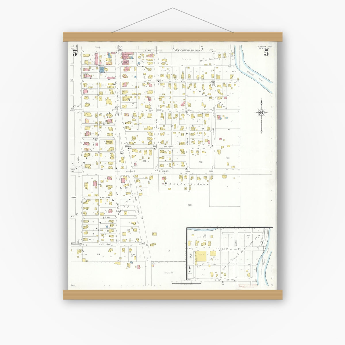 Old map wall art mockup — magnetic wood frame on white wall — Sanborn Fire Insurance Map from Ligonier, Noble County, Indiana (1933), Sheet #0005