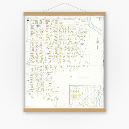 Old map wall art mockup — magnetic wood frame on white wall — Sanborn Fire Insurance Map from Ligonier, Noble County, Indiana (1933), Sheet #0005