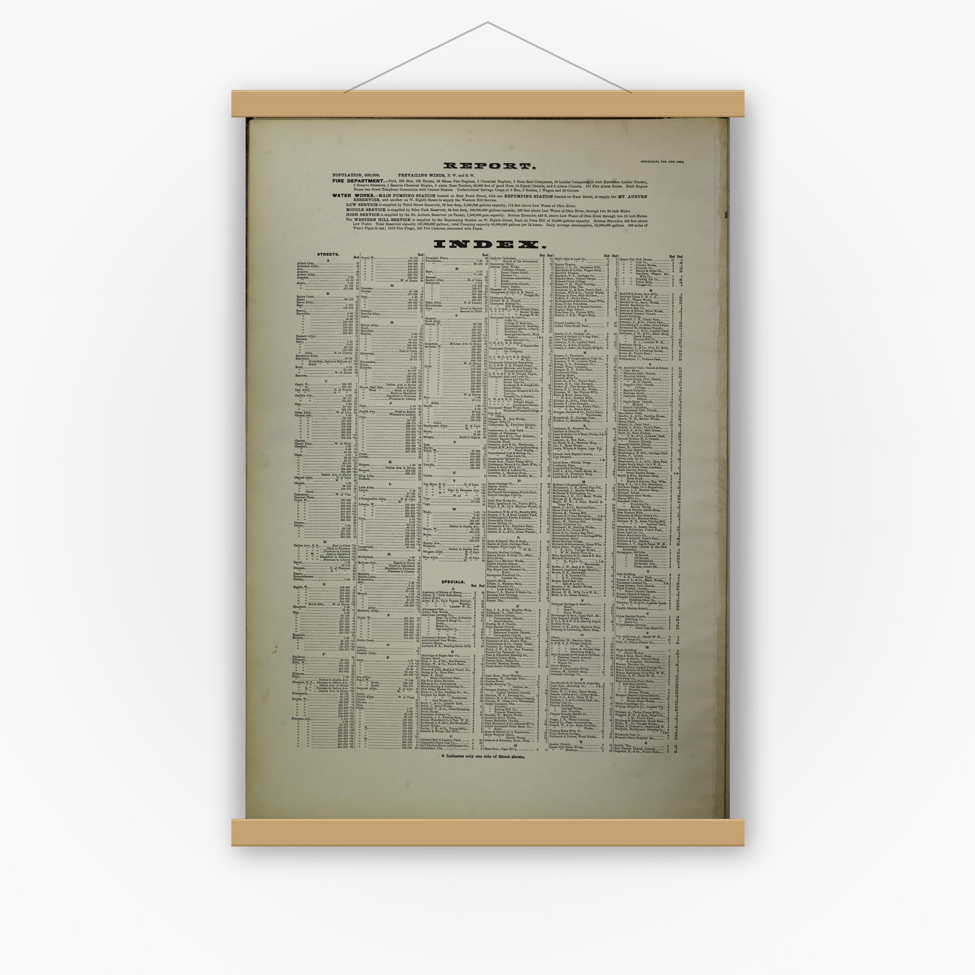 Old map wall art mockup — magnetic wood frame on white wall — Sanborn Fire Insurance Map from Cincinnati, Hamilton County, Ohio (1891), Sheet #0001