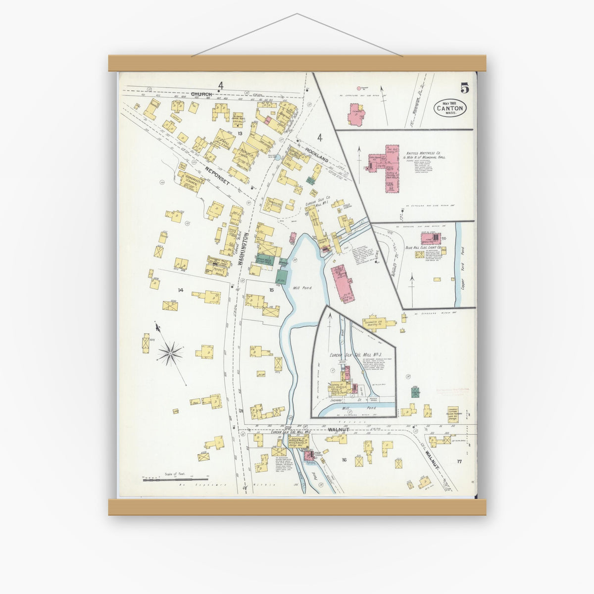Old map wall art mockup — magnetic wood frame on white wall — Sanborn Fire Insurance Map from Canton, Norfolk County, Massachusetts (1901), Sheet #0005