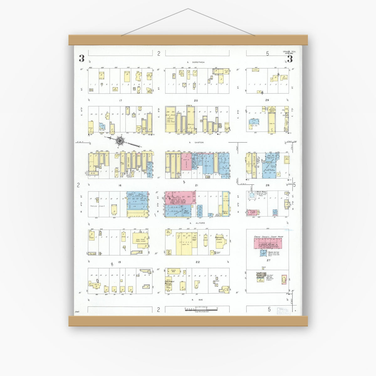 Old map wall art mockup — magnetic wood frame on white wall — Sanborn Fire Insurance Map from Crane, Crane County, Texas (1951), Sheet #0003