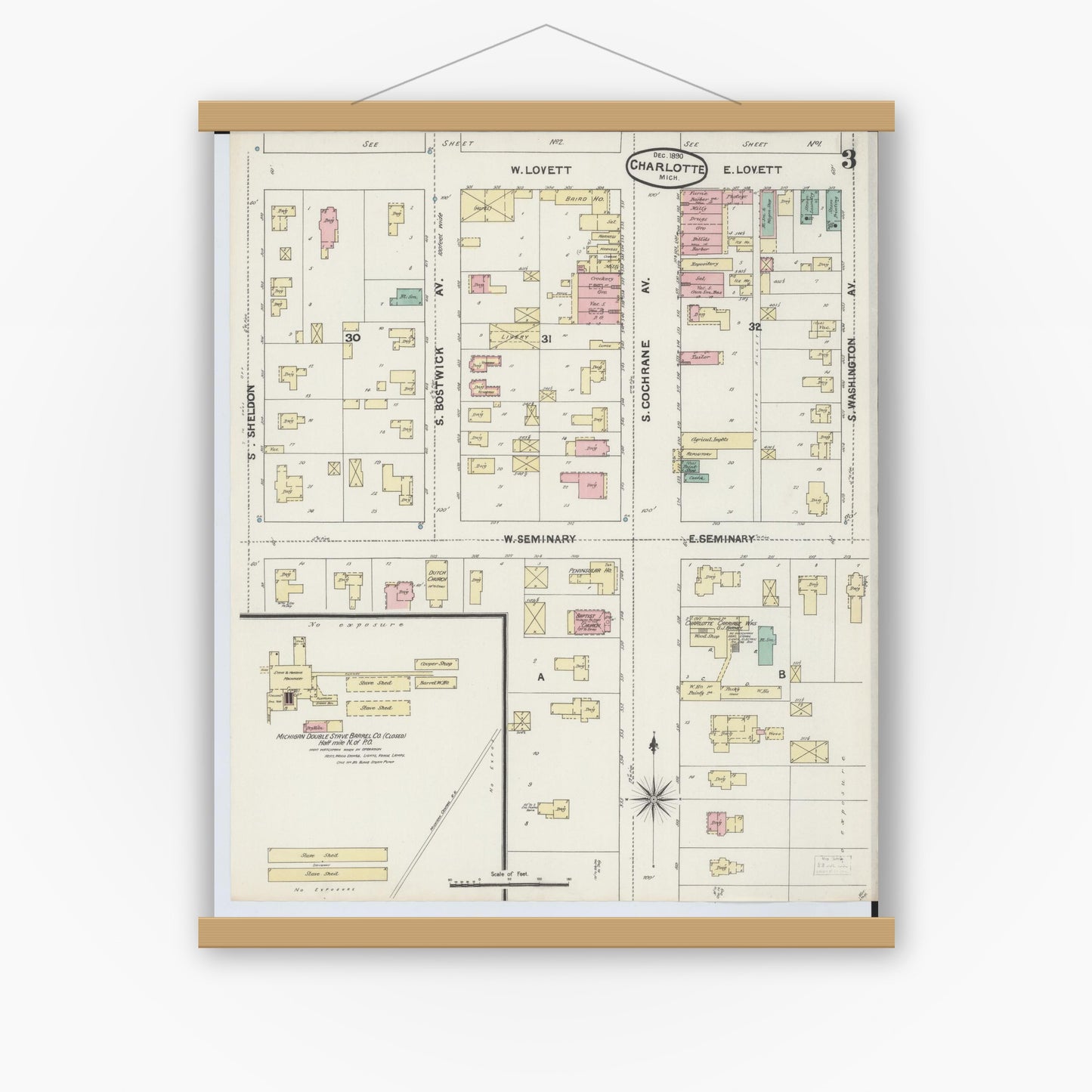 Old map wall art mockup — magnetic wood frame on white wall — Sanborn Fire Insurance Map from Charlotte, Eaton County, Michigan (1890), Sheet #0003