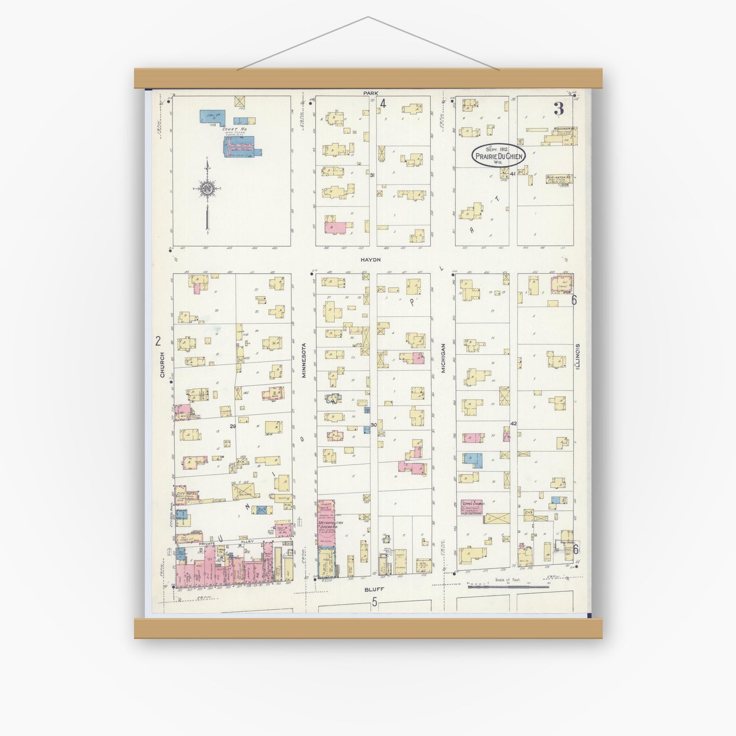Old map wall art mockup — magnetic wood frame on white wall — Sanborn Fire Insurance Map from Prairie du Chien, Crawford County, Wisconsin (1912), Sheet #0003