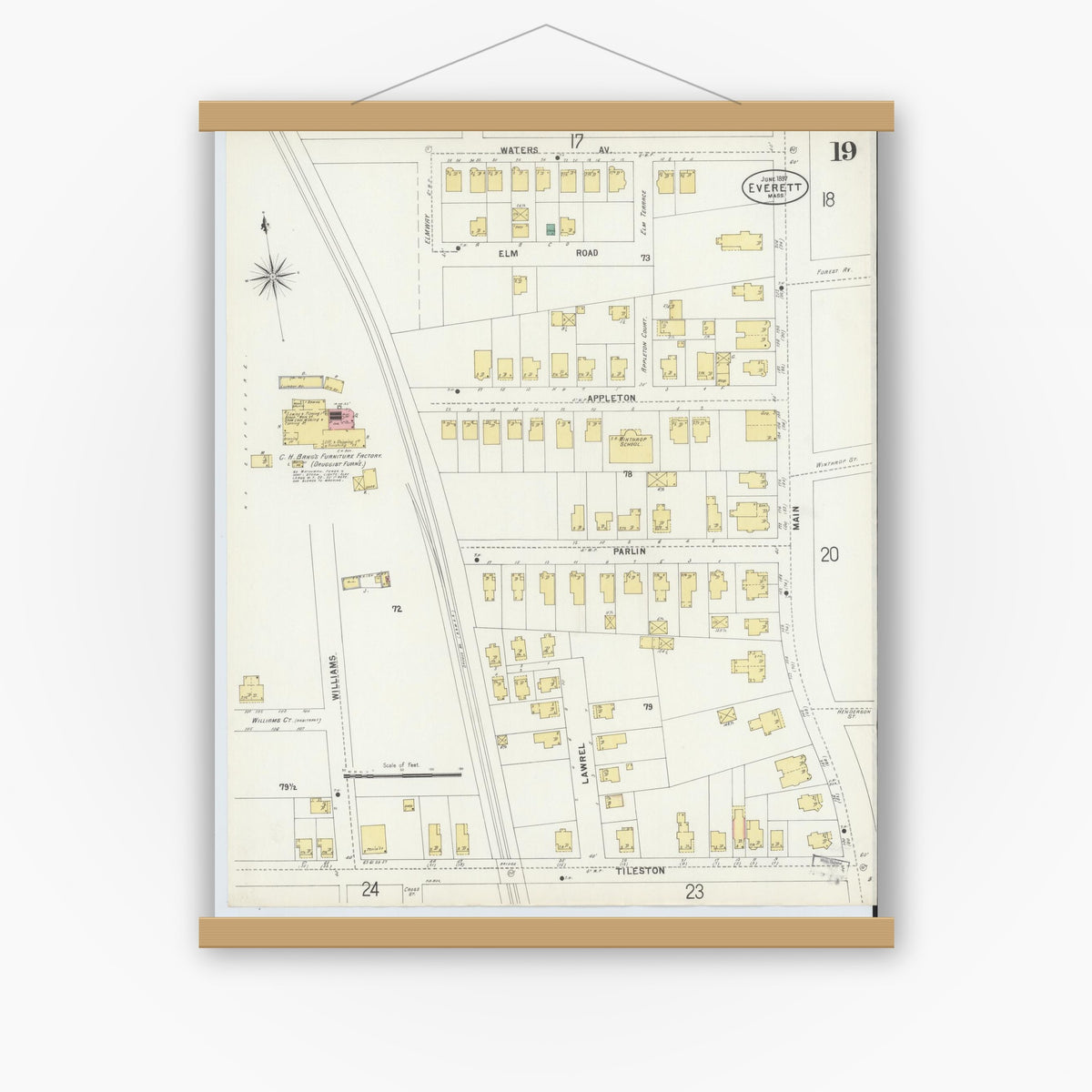 Old map wall art mockup — magnetic wood frame on white wall — Sanborn Fire Insurance Map from Everett, Middlesex County, Massachusetts (1897), Sheet #0019