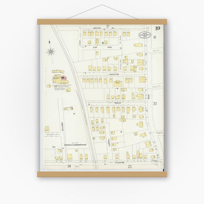 Old map wall art mockup — magnetic wood frame on white wall — Sanborn Fire Insurance Map from Everett, Middlesex County, Massachusetts (1897), Sheet #0019