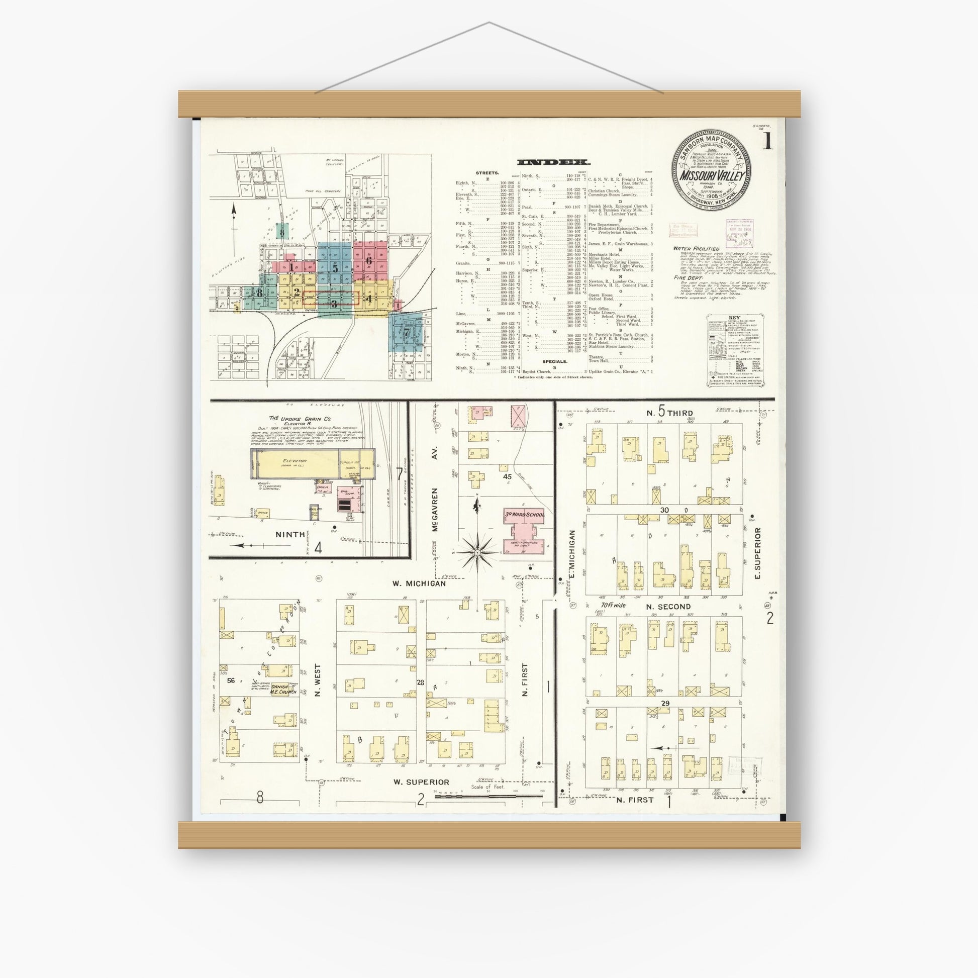 Old map wall art mockup — magnetic wood frame on white wall — Sanborn Fire Insurance Map from Missouri Valley, Harrison County, Iowa (1908) - Complete Map Set