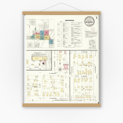 Old map wall art mockup — magnetic wood frame on white wall — Sanborn Fire Insurance Map from Missouri Valley, Harrison County, Iowa (1908) - Complete Map Set