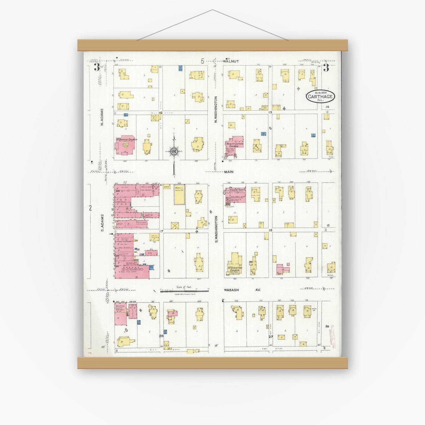 Old map wall art mockup — magnetic wood frame on white wall — Sanborn Fire Insurance Map from Carthage, Hancock County, Illinois (1926), Sheet #0003