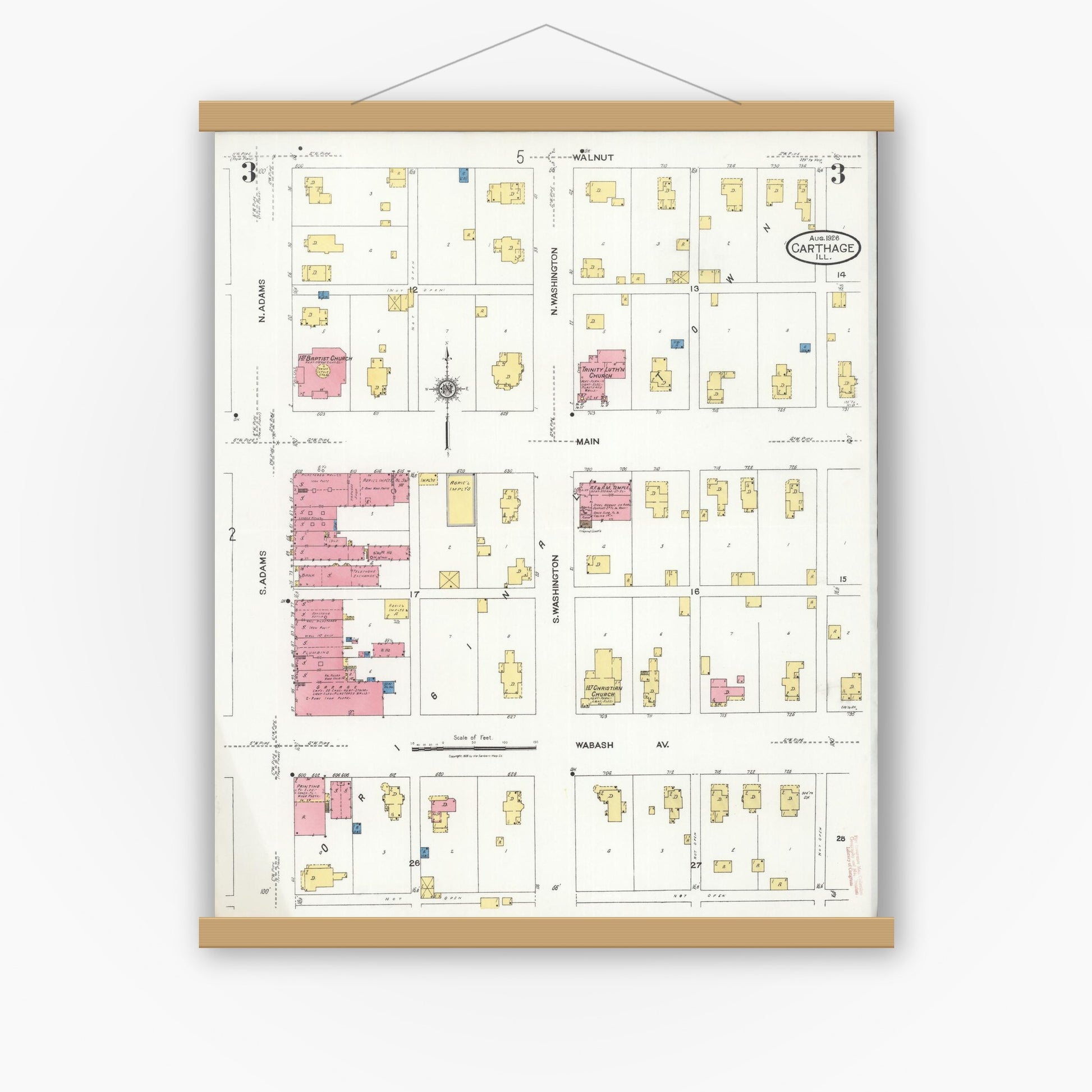 Old map wall art mockup — magnetic wood frame on white wall — Sanborn Fire Insurance Map from Carthage, Hancock County, Illinois (1926), Sheet #0003