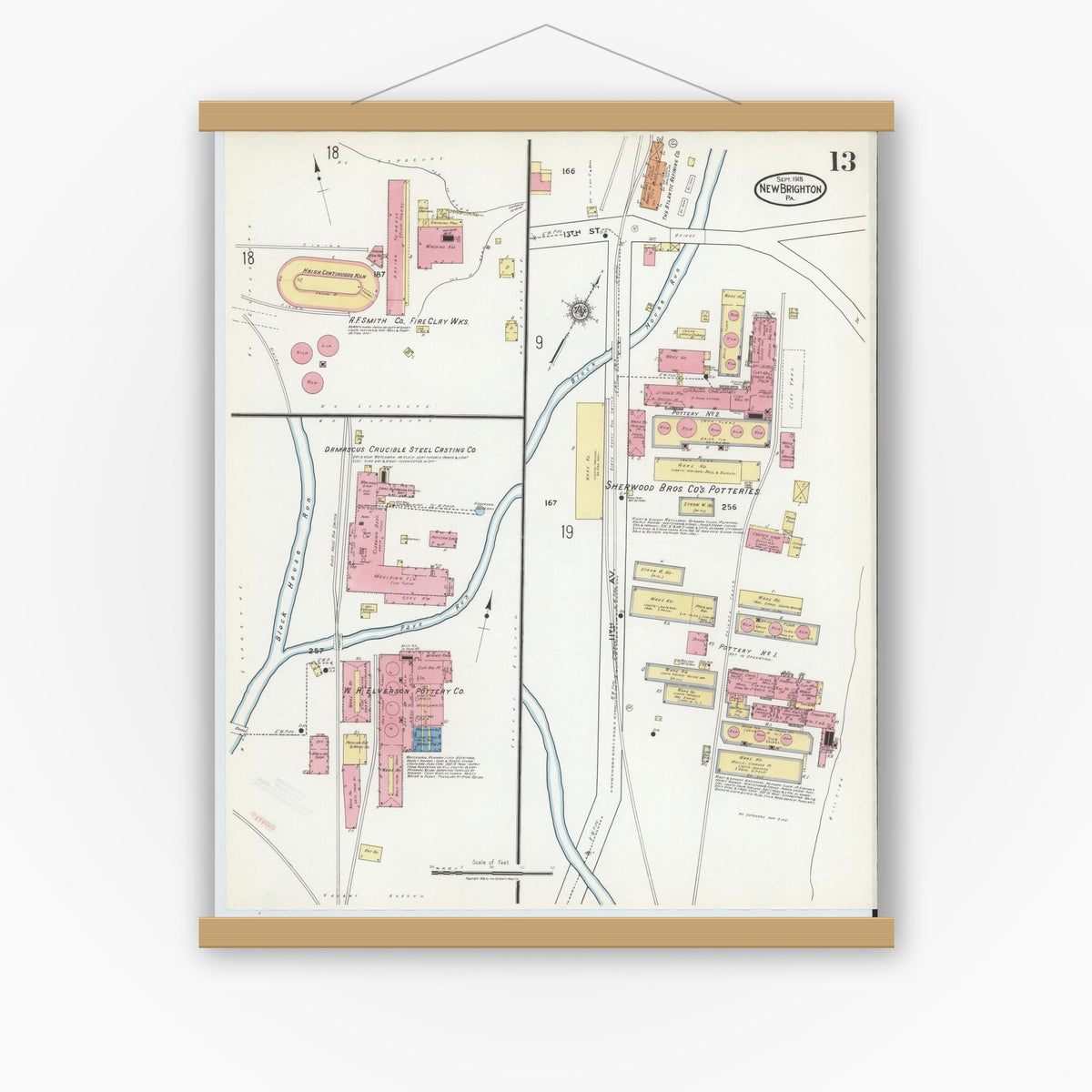 Old map wall art mockup — magnetic wood frame on white wall — Sanborn Fire Insurance Map from New Brighton, Beaver County, Pennsylvania (1918), Sheet #0013