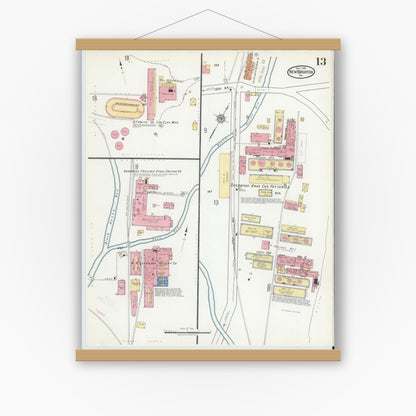 Old map wall art mockup — magnetic wood frame on white wall — Sanborn Fire Insurance Map from New Brighton, Beaver County, Pennsylvania (1918), Sheet #0013