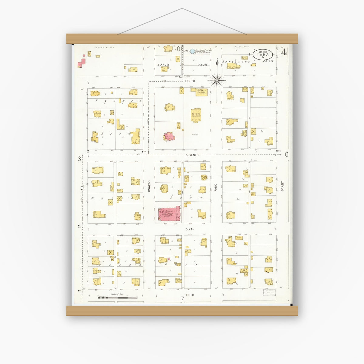 Old map wall art mockup — magnetic wood frame on white wall — Sanborn Fire Insurance Map from Tama, Tama County, Iowa (1906), Sheet #0004