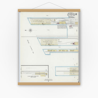Old map wall art mockup — magnetic wood frame on white wall — Sanborn Fire Insurance Map from Superior, Douglas County, Wisconsin (1889), Sheet #0002