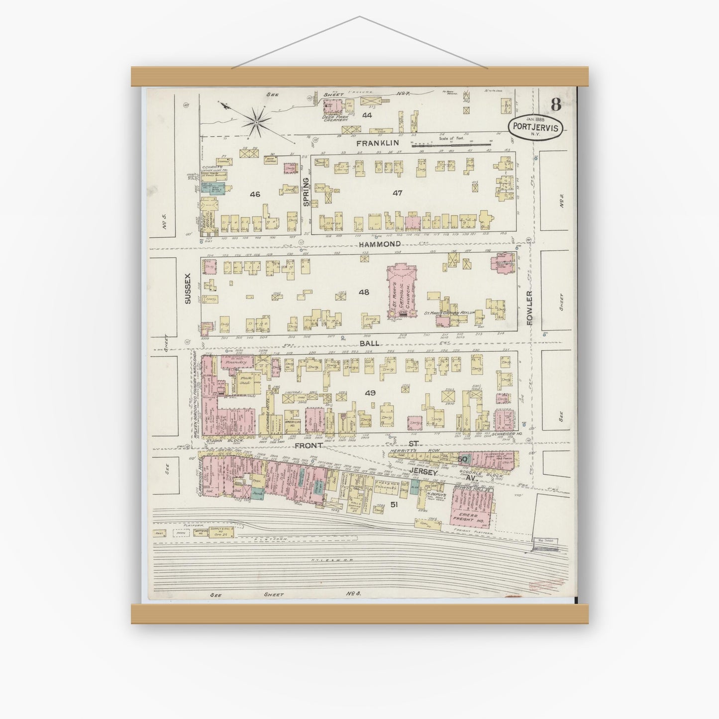 Old map wall art mockup — magnetic wood frame on white wall — Sanborn Fire Insurance Map from Port Jervis, Orange County, New York (1888), Sheet #0008
