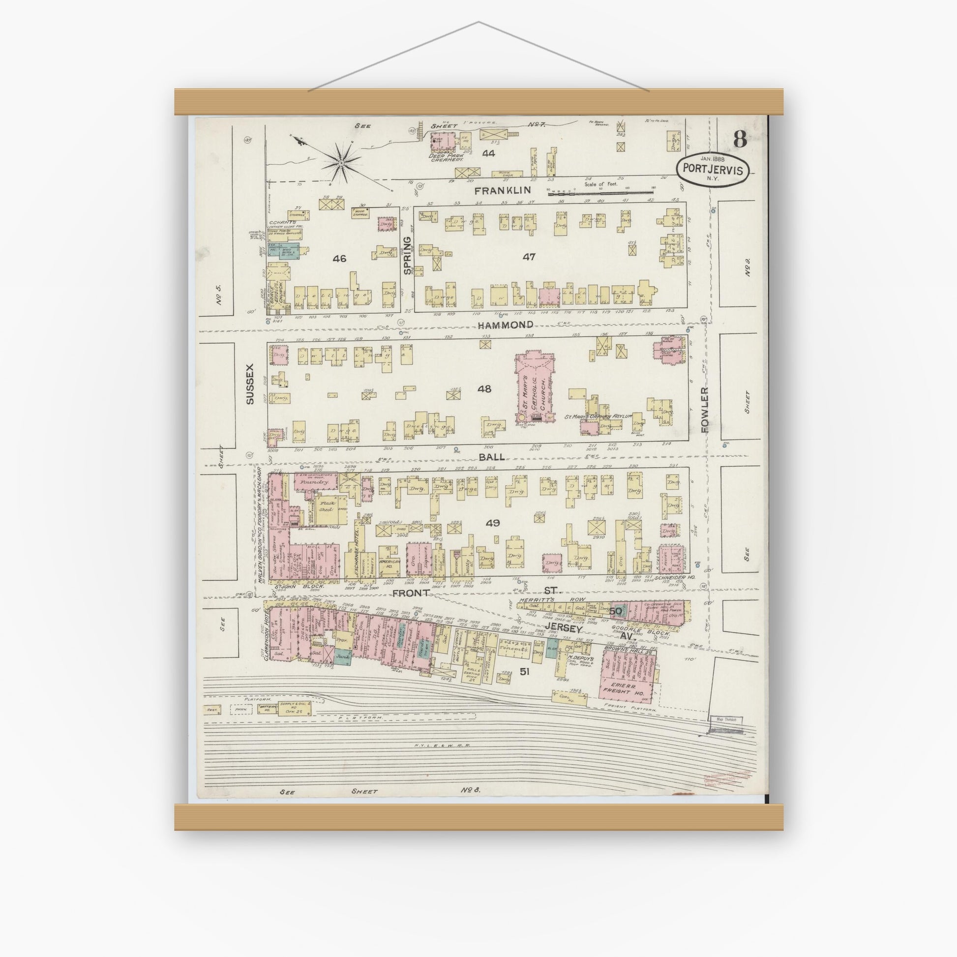 Old map wall art mockup — magnetic wood frame on white wall — Sanborn Fire Insurance Map from Port Jervis, Orange County, New York (1888), Sheet #0008