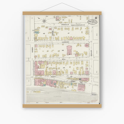 Old map wall art mockup — magnetic wood frame on white wall — Sanborn Fire Insurance Map from Port Jervis, Orange County, New York (1888), Sheet #0008