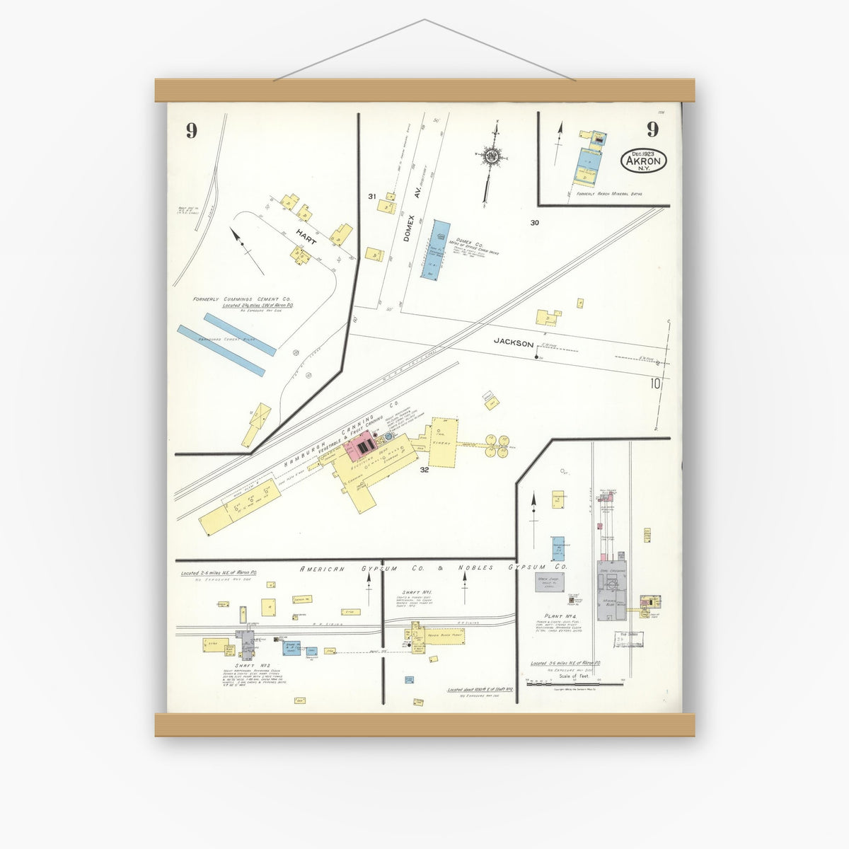 Old map wall art mockup — magnetic wood frame on white wall — Sanborn Fire Insurance Map from Akron, Erie County, New York (1923), Sheet #0009