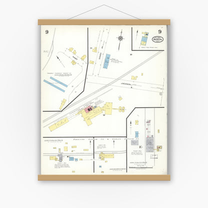 Old map wall art mockup — magnetic wood frame on white wall — Sanborn Fire Insurance Map from Akron, Erie County, New York (1923), Sheet #0009