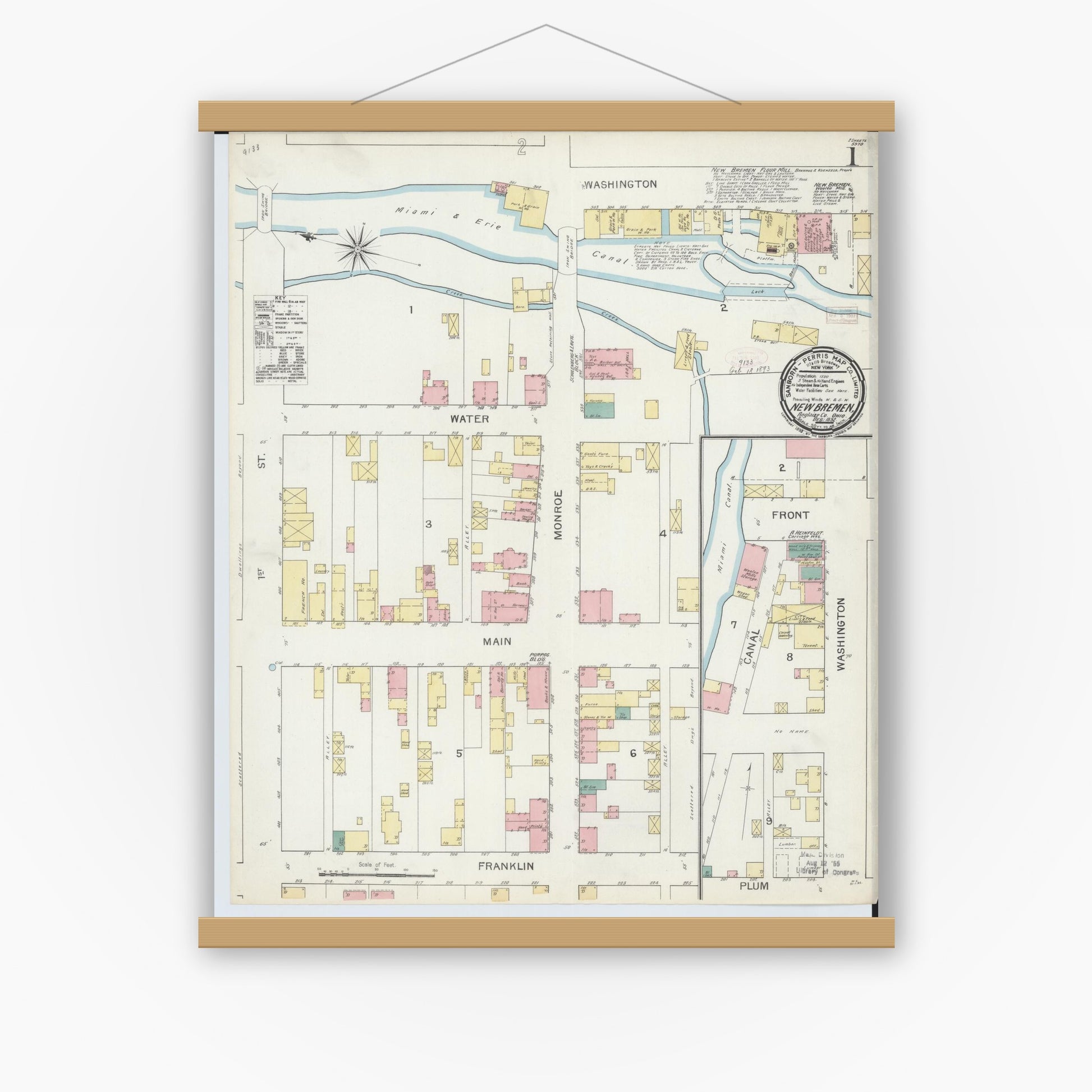 Old map wall art mockup — magnetic wood frame on white wall — Sanborn Fire Insurance Map from New Bremen, Auglaize County, Ohio (1892), Sheet #0001