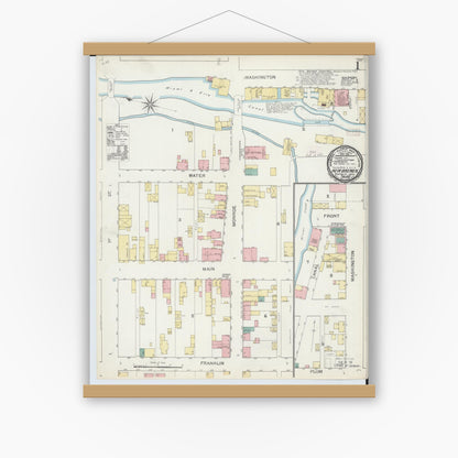 Old map wall art mockup — magnetic wood frame on white wall — Sanborn Fire Insurance Map from New Bremen, Auglaize County, Ohio (1892), Sheet #0001