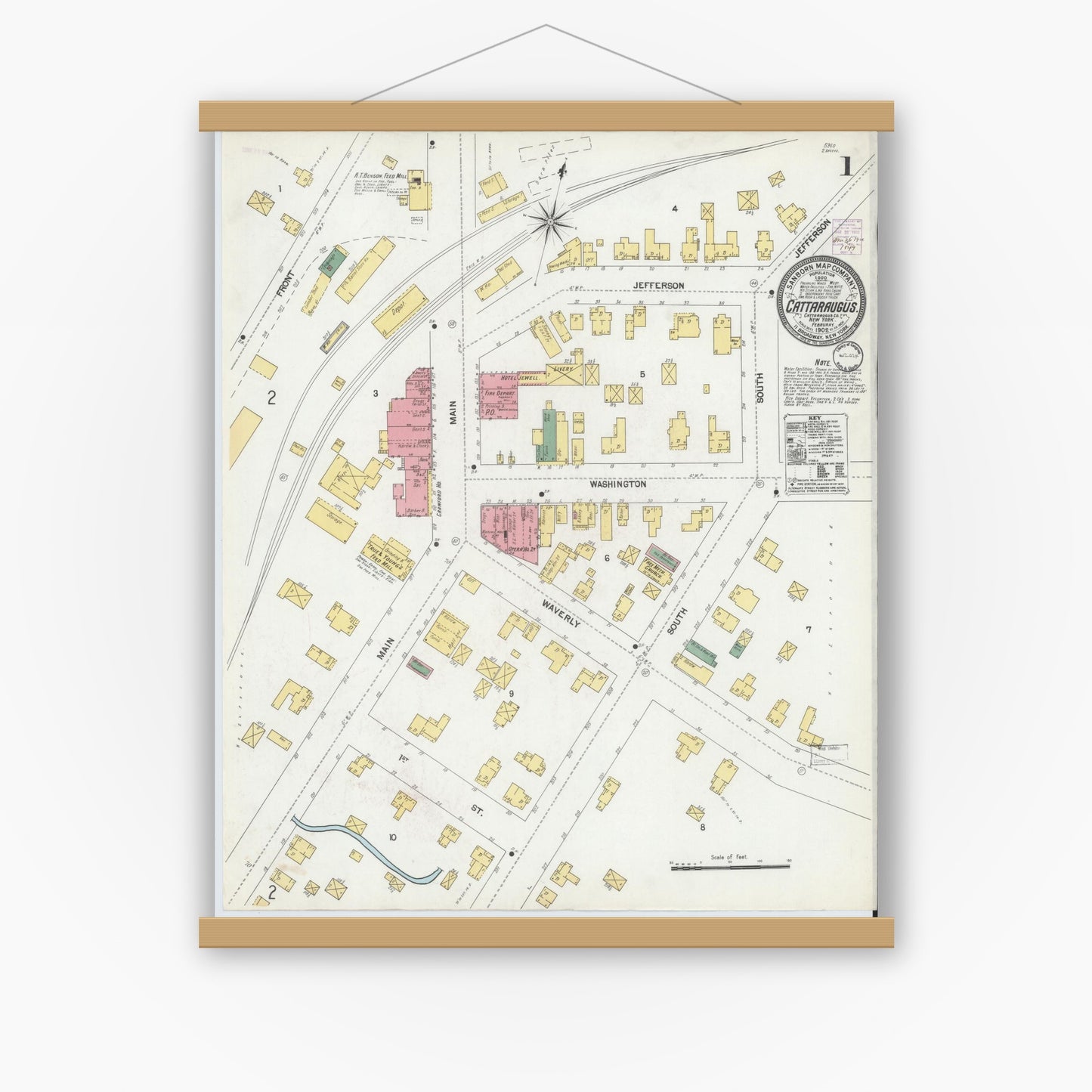 Old map wall art mockup — magnetic wood frame on white wall — Sanborn Fire Insurance Map from Cattaraugus, Cattaraugus County, New York (1902) - Complete Map Set