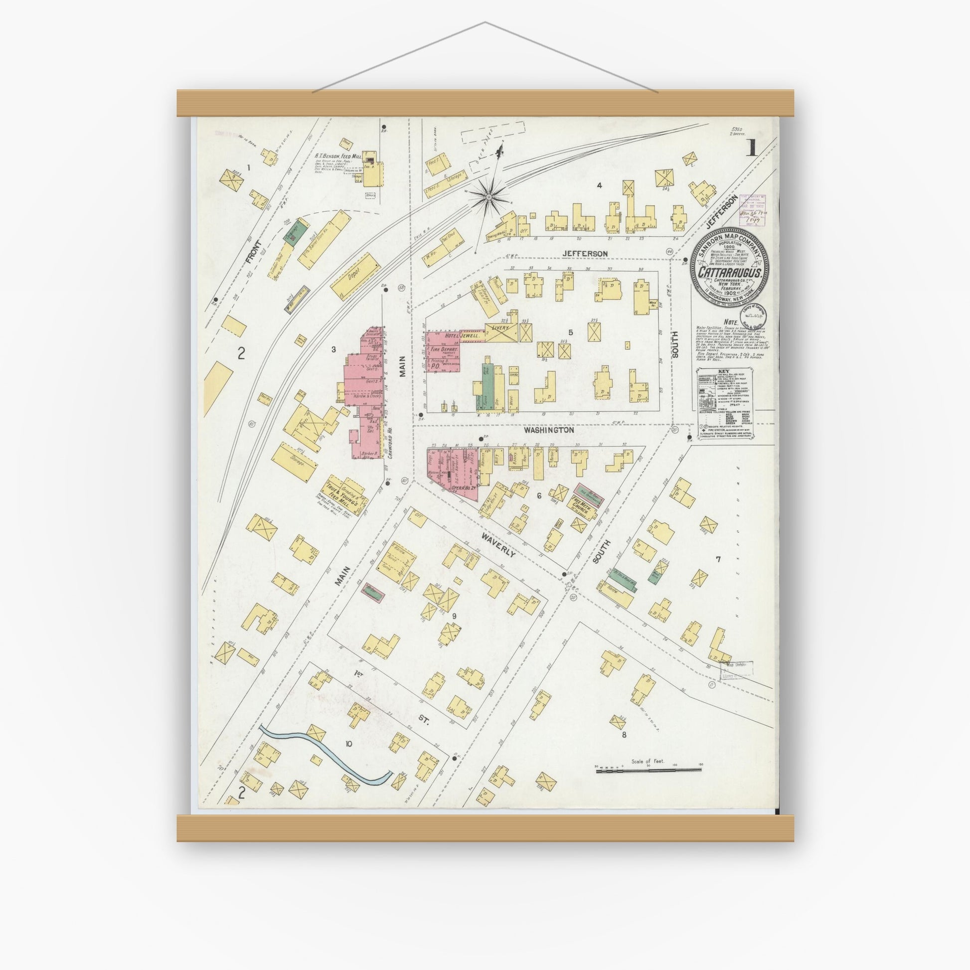 Old map wall art mockup — magnetic wood frame on white wall — Sanborn Fire Insurance Map from Cattaraugus, Cattaraugus County, New York (1902) - Complete Map Set