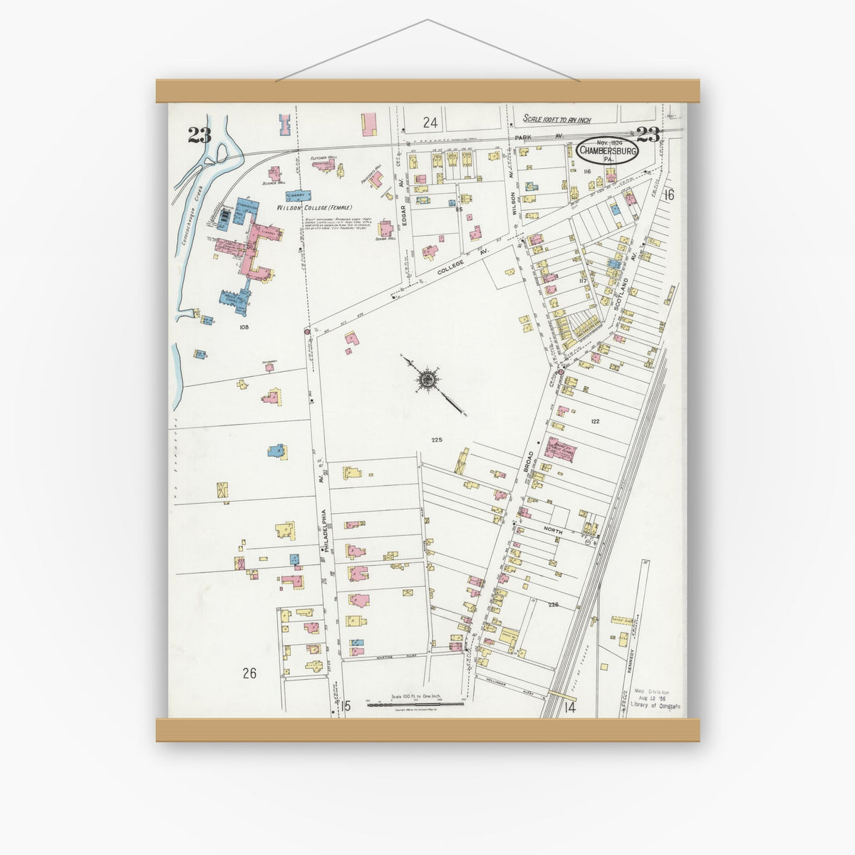 Old map wall art mockup — magnetic wood frame on white wall — Sanborn Fire Insurance Map from Chambersburg, Franklin County, Pennsylvania (1924), Sheet #0023
