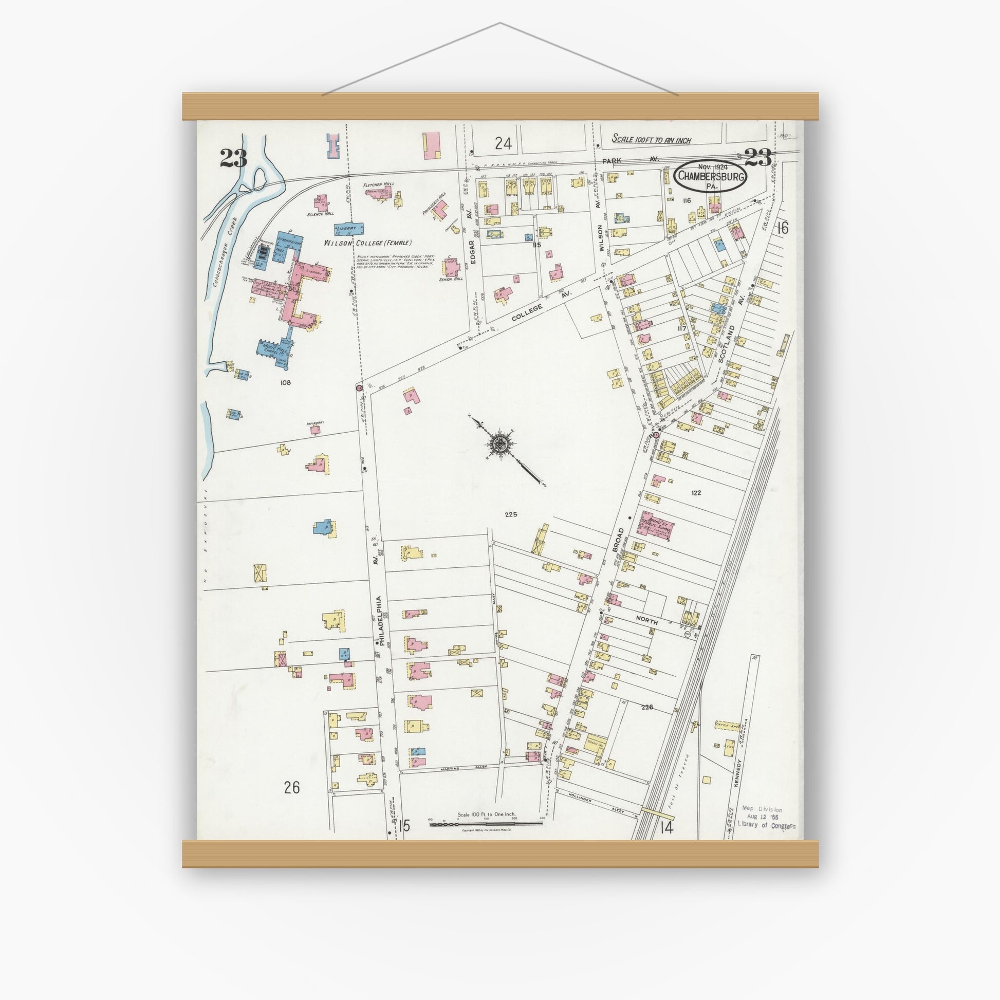 Old map wall art mockup — magnetic wood frame on white wall — Sanborn Fire Insurance Map from Chambersburg, Franklin County, Pennsylvania (1924), Sheet #0023