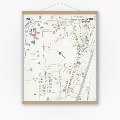 Old map wall art mockup — magnetic wood frame on white wall — Sanborn Fire Insurance Map from Chambersburg, Franklin County, Pennsylvania (1924), Sheet #0023