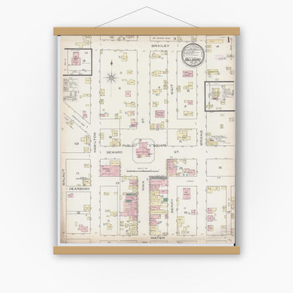 Old map wall art mockup — magnetic wood frame on white wall — Sanborn Fire Insurance Map from Hillsboro, Montgomery County, Illinois (1886) - Complete Map Set
