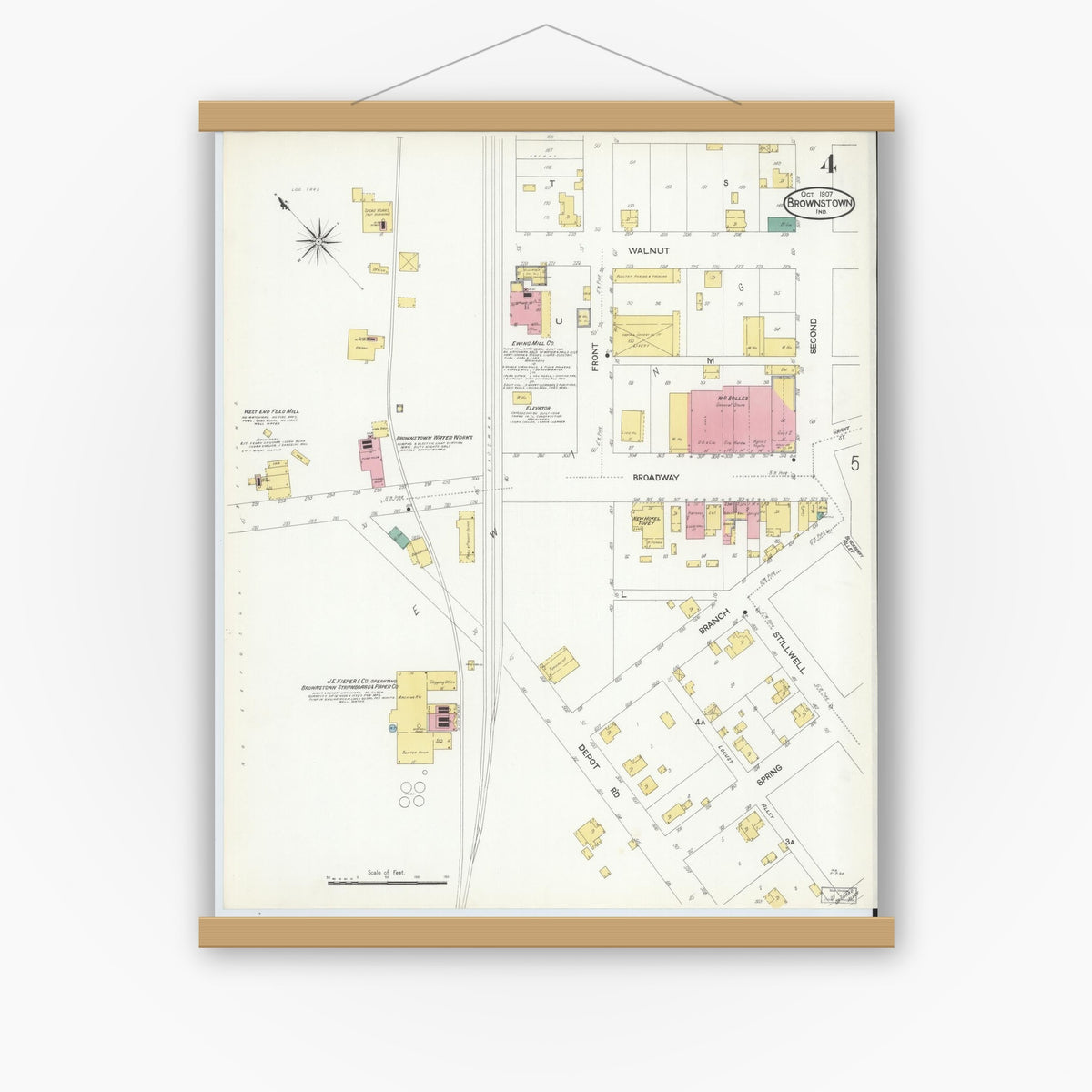 Old map wall art mockup — magnetic wood frame on white wall — Sanborn Fire Insurance Map from Brownstown, Jackson County, Indiana (1907), Sheet #0004