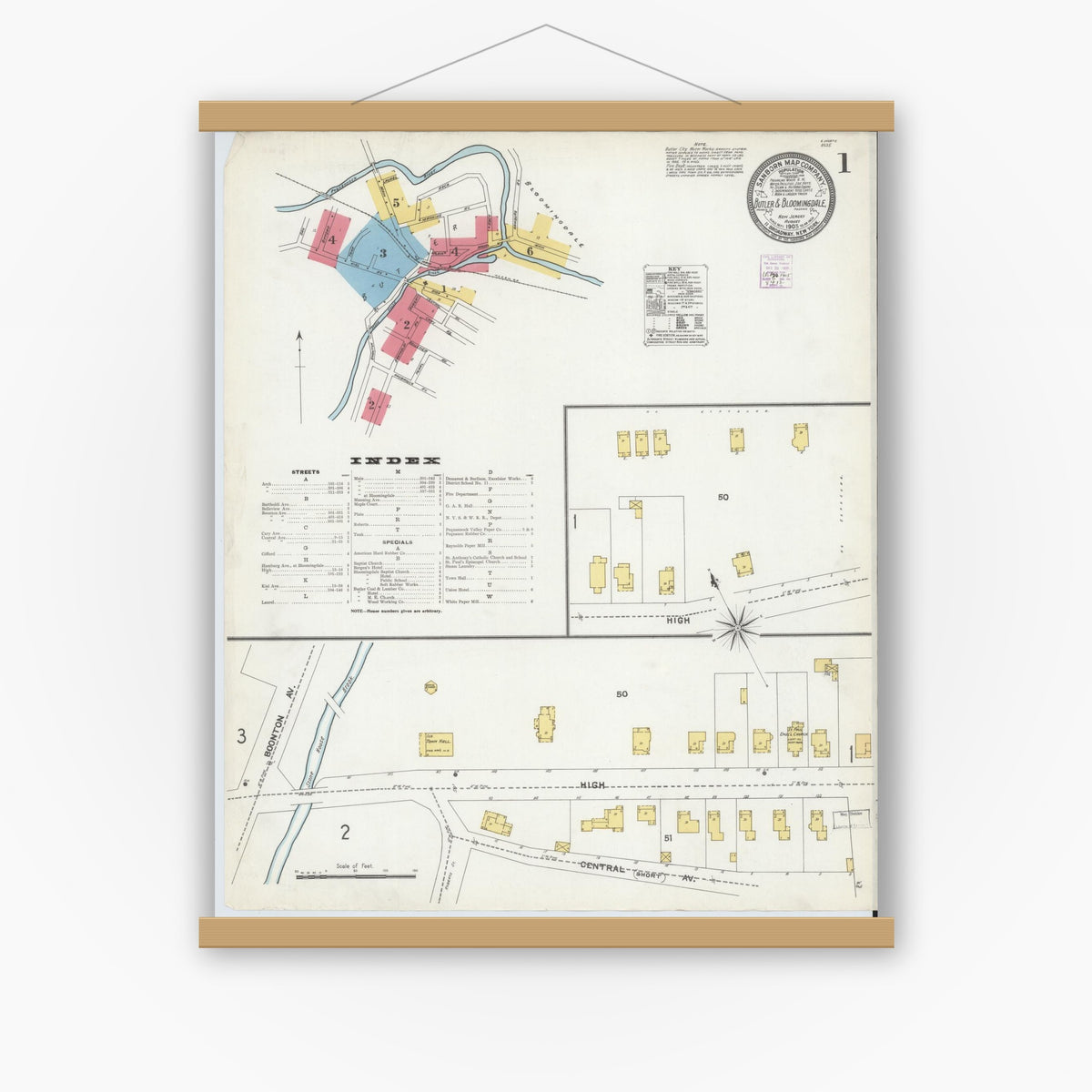 Old map wall art mockup — magnetic wood frame on white wall — Sanborn Fire Insurance Map from Butler, Morris County, New Jersey (1905) - Complete Map Set