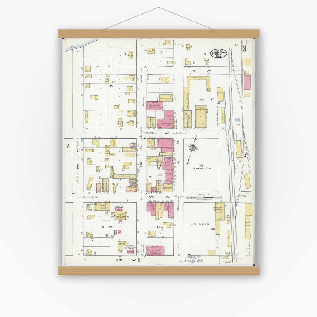 Old map wall art mockup — magnetic wood frame on white wall — Sanborn Fire Insurance Map from Pine City, Pine County, Minnesota (1921), Sheet #0003