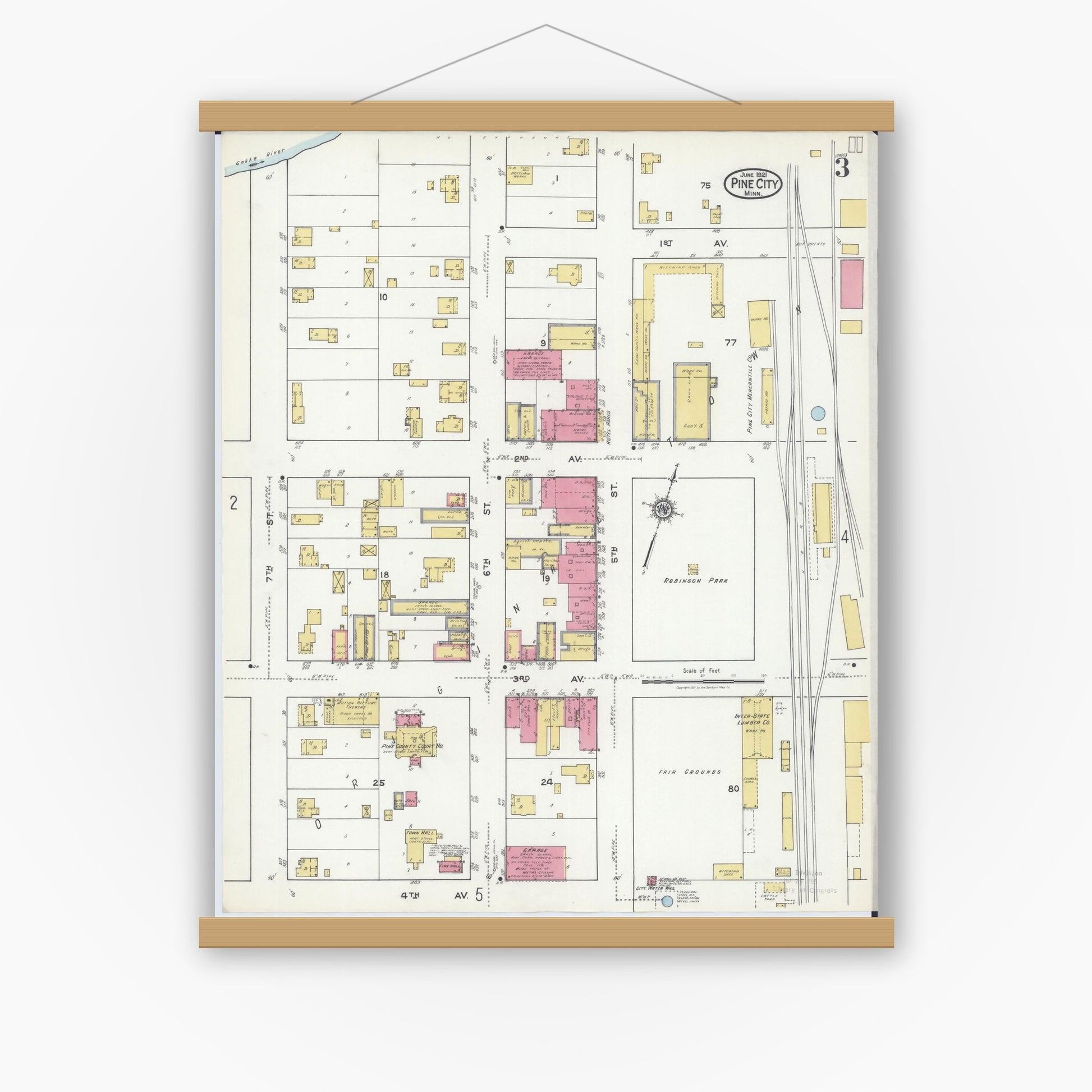 Old map wall art mockup — magnetic wood frame on white wall — Sanborn Fire Insurance Map from Pine City, Pine County, Minnesota (1921), Sheet #0003