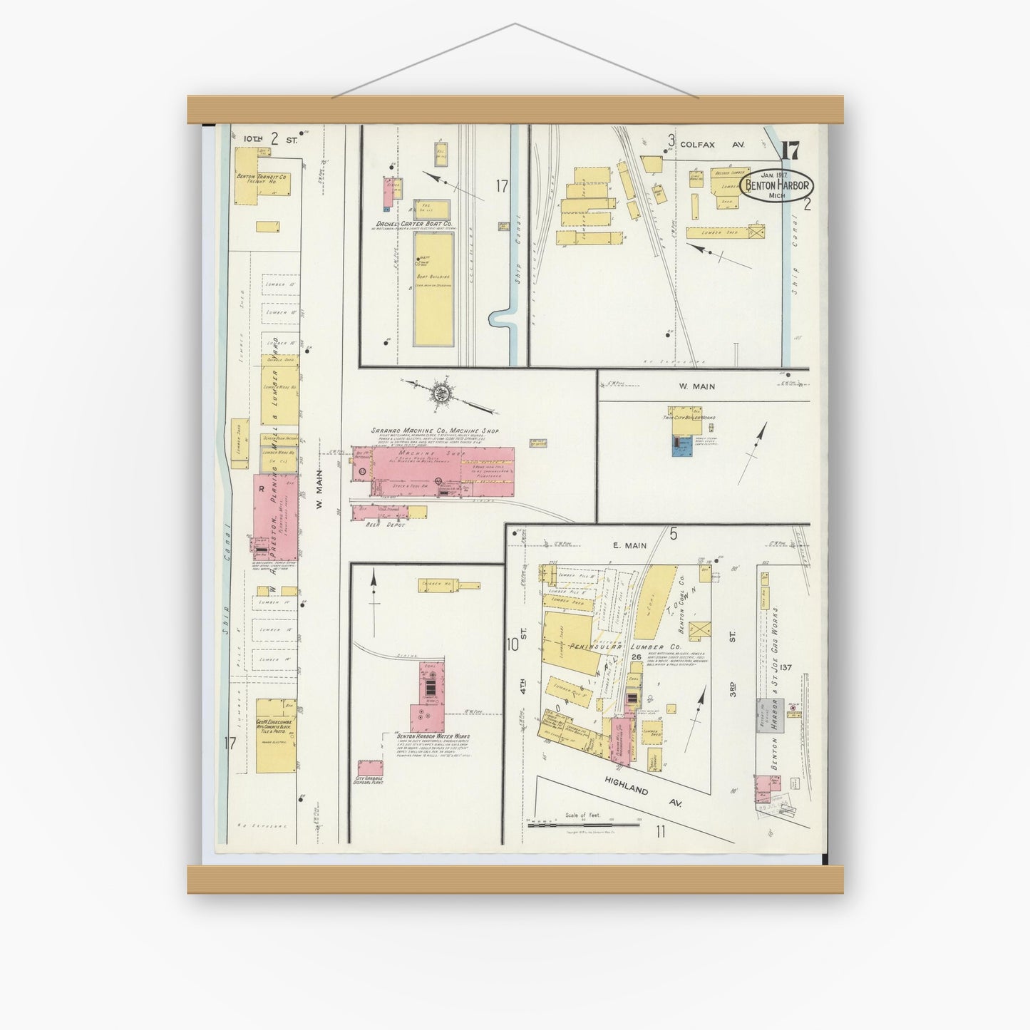 Old map wall art mockup — magnetic wood frame on white wall — Sanborn Fire Insurance Map from Benton Harbor, Berrien County, Michigan (1917), Sheet #0017