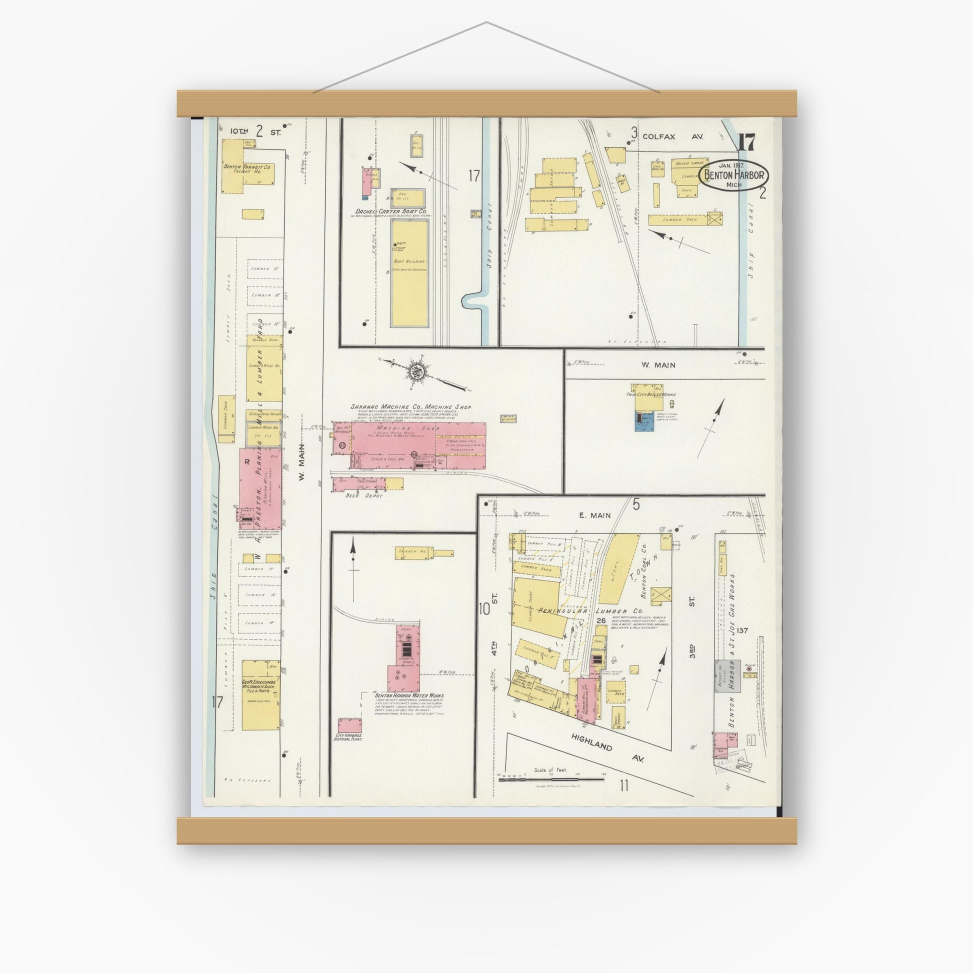 Old map wall art mockup — magnetic wood frame on white wall — Sanborn Fire Insurance Map from Benton Harbor, Berrien County, Michigan (1917), Sheet #0017