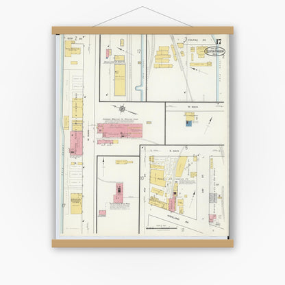 Old map wall art mockup — magnetic wood frame on white wall — Sanborn Fire Insurance Map from Benton Harbor, Berrien County, Michigan (1917), Sheet #0017