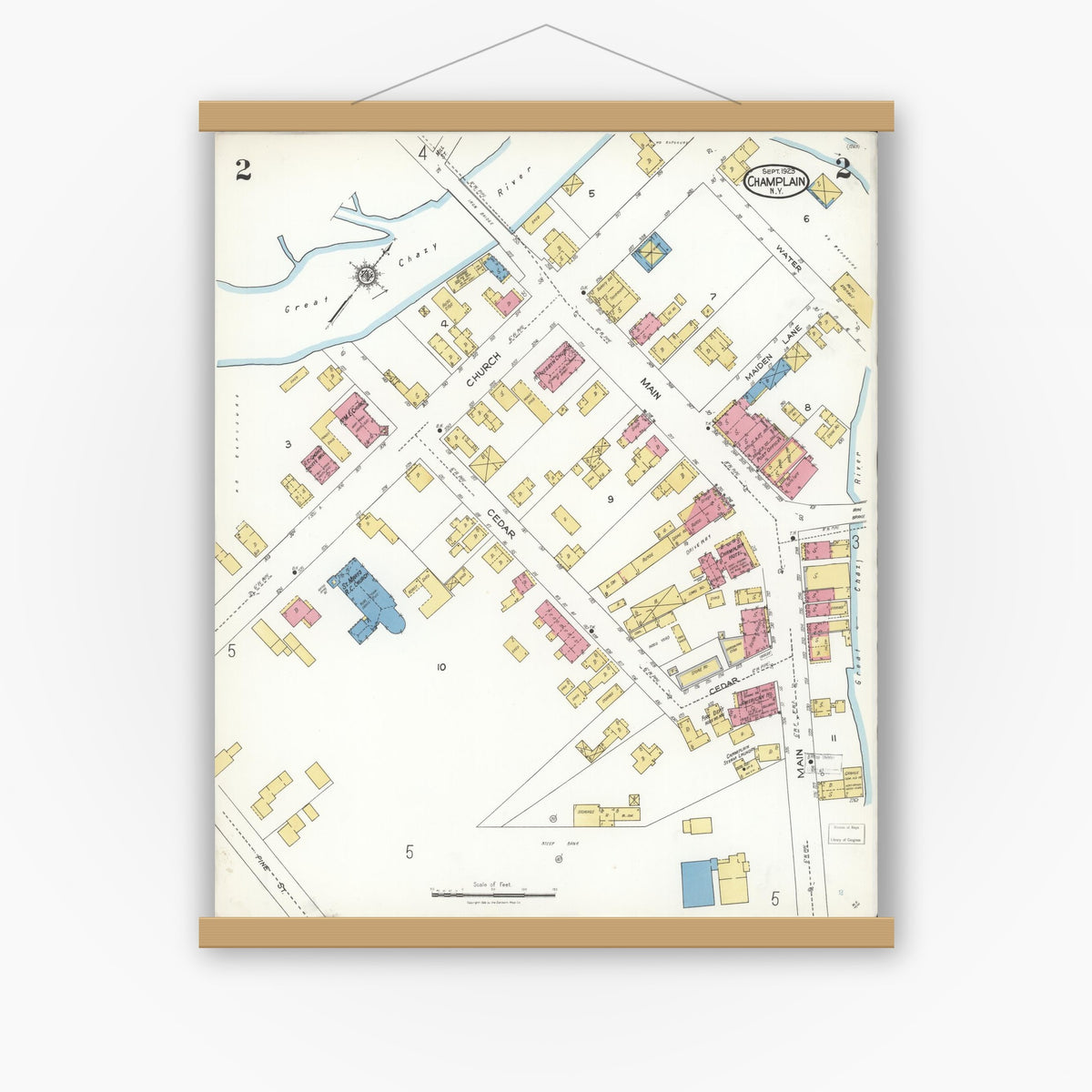 Old map wall art mockup — magnetic wood frame on white wall — Sanborn Fire Insurance Map from Champlain, Clinton County, New York (1923), Sheet #0002