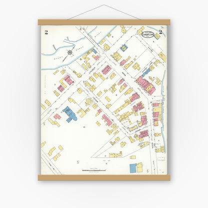 Old map wall art mockup — magnetic wood frame on white wall — Sanborn Fire Insurance Map from Champlain, Clinton County, New York (1923), Sheet #0002